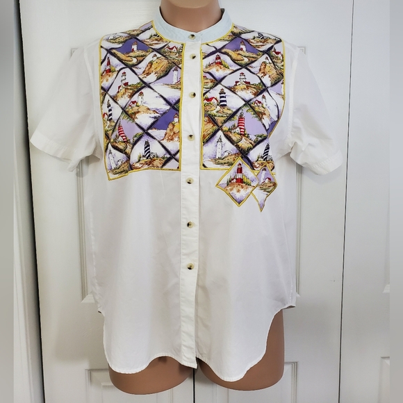 Quacker Factory Tops - Quacker Factory Lighthouse Coast Button Down Cotton Shirt Womens 1X ~ Pre-Owned